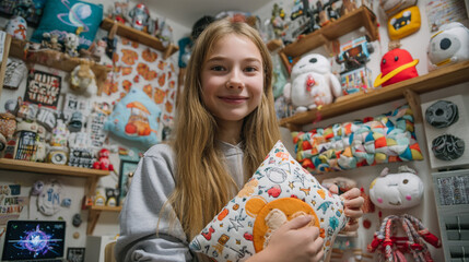 Naklejka premium Girl Showing Handmade Pillow