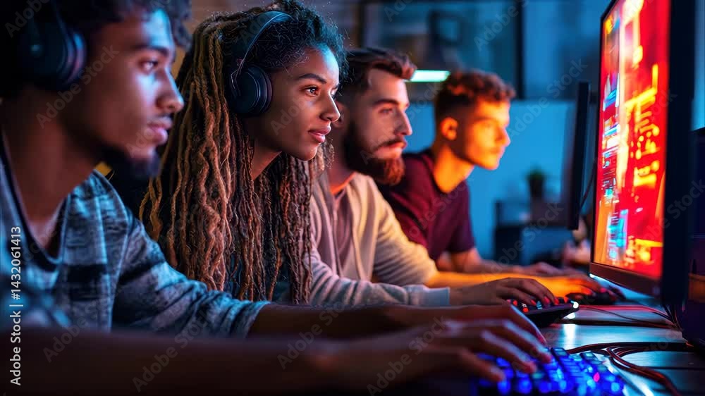 Aufkleber collaborative creativity in a mixed ethnicity game design team working late at night, young mixed et