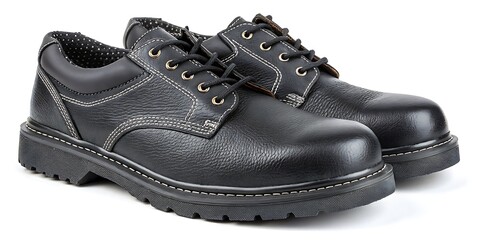 A pair of black leather work shoes with white stitching and black laces on a white background