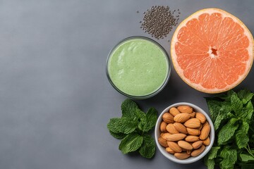Refreshing green smoothie with grapefruit, mint, and almonds on a gray background