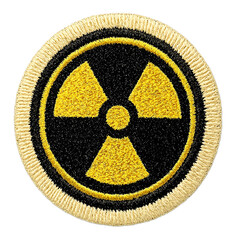 Obraz premium Isolated embroidered patch logo classic yellow nuclear symbol on black centered on white background