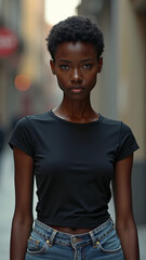 Portrait of female model in black t-shirt and blue jeans. Short hairstyle and stern look.Multi-ethnic woman closeup. Beautiful Young Black Woman. Generate AI.