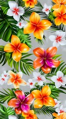 Vibrant Tropical Flowers and Lush Palm Leaves Seamless Pattern