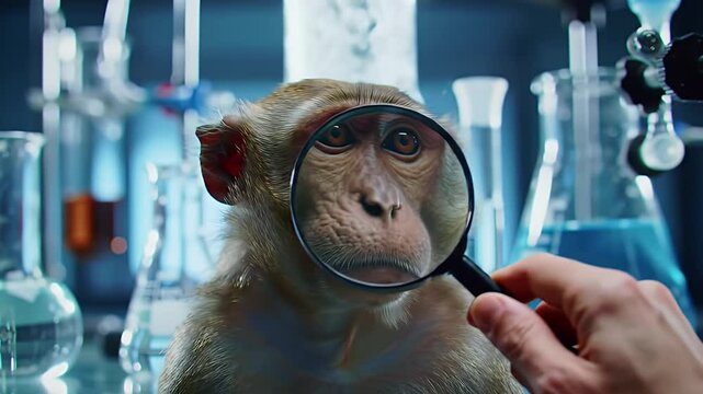 Worried Monkey in Animal Testing Experiment with Magnifying Glass Examination in Brightly Lit Laboratory