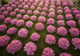 A breathtaking aerial perspective showcasing a field filled with vibrant pink cherry blossom trees.