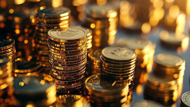 Wealth accumulation represented by stacks of golden coins shining in warm light with blurred background, Wealth accumulation and financial success concept 3D render