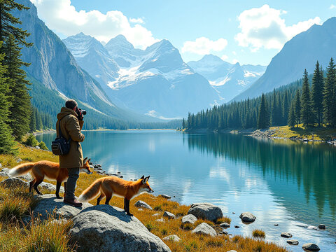 Cheerful mountain view with bold colors foxes and photographer in brilliant morning light
