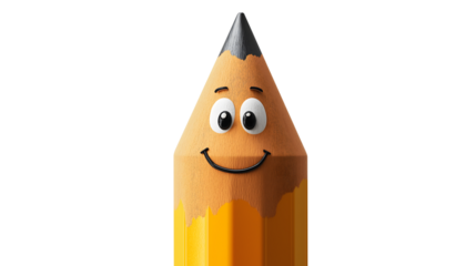 A cartoon pencil with a smile on its face