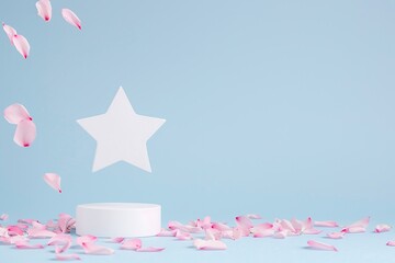 White round podium with star shape and pink petals on light blue background, minimal celebration or award concept, product display with copy space

