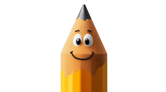 A cartoon pencil with a smile on its face