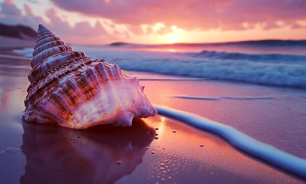 A beautiful seashell resting on a sandy beach during a vibrant sunset with waves gently crashing