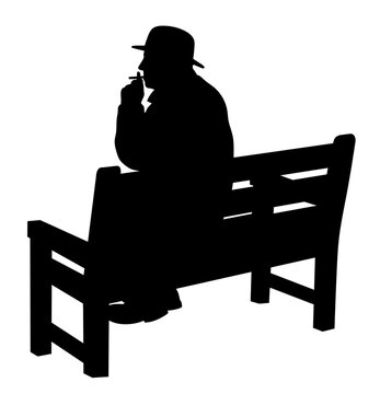 recommend clip art: Silhouette of an elderly man sitting on a bench smoking a cigarette. Waiting man wearing a hat.