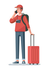 A tourist with a suitcase. Colored flat illustration. White background.