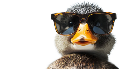 A duck wearing sunglasses is the main focus of the image