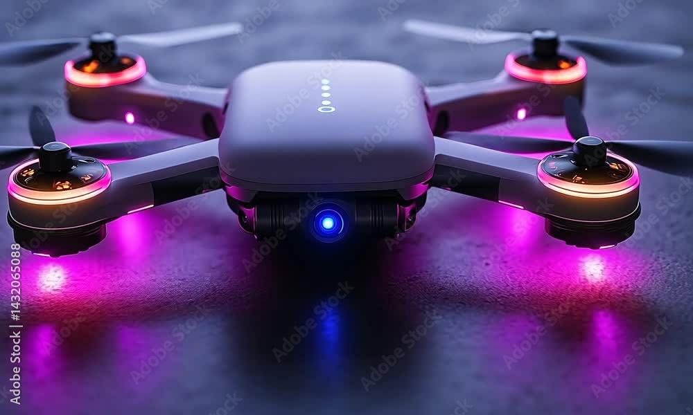 Poster a colorful drone with illuminated propellers hovering over a textured surface at dusk