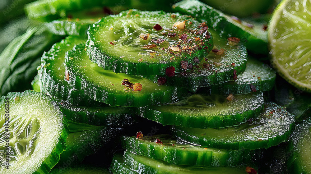 Poster fresh sliced cucumbers with lime and spices on green background
