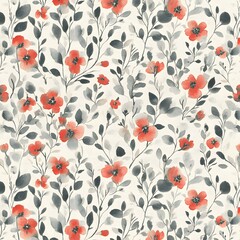 Watercolor Floral Seamless Pattern Red Flowers Grey Leaves Beige Background