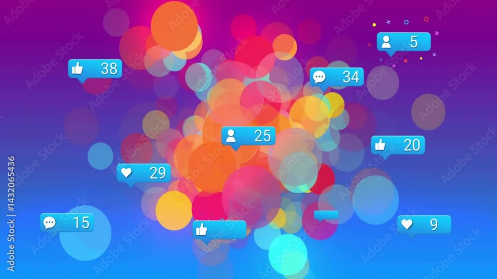 Poster Social media notification bubbles being animated in flat bokeh scene, showing counts with icons
