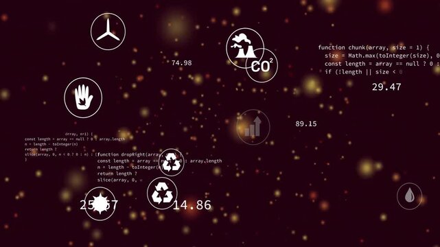 White circular icons swirling on dark maroon background, showing wind turbine recycling CO2 data