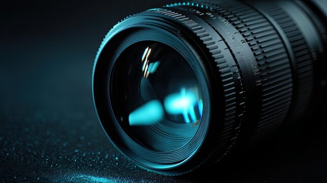 High resulation image of close-up of a camera lens, illuminated by blue light on a dark background. Photographer and filmmaking background concept with copy space.