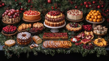 Fototapeta premium A Christmas Feast: A Lavish Display of Festive Cakes, Pastries, and Fruits