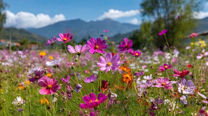 High resulation image of colorful cosmos flowers blooming in garden with blue summer sky and mountain backdrop.