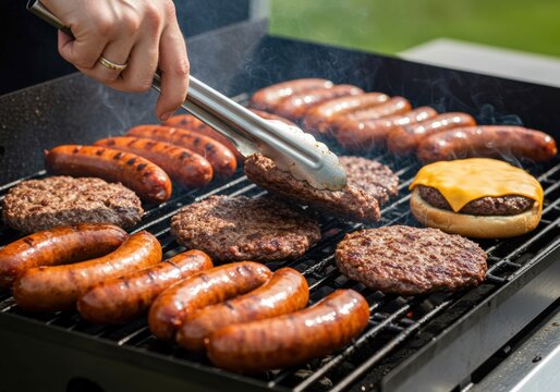 Delicious burgers and sausages sizzle on a barbecue grill, ready for a summer cookout. - Powered by Adobe