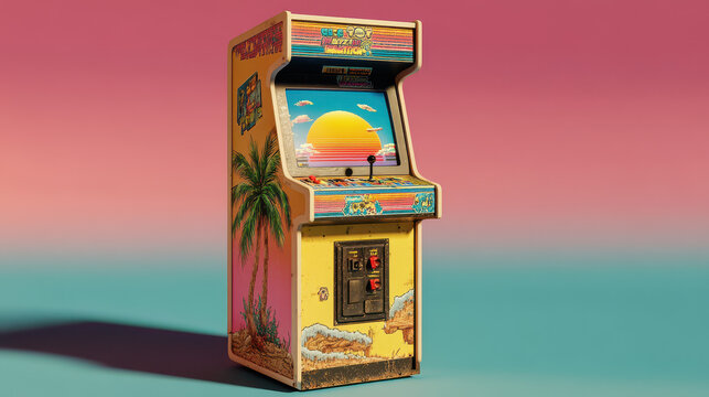 A vintage arcade game machine displays a retro sunset landscape with palm trees, evoking nostaia for classic entertainment and simpler gaming experiences.