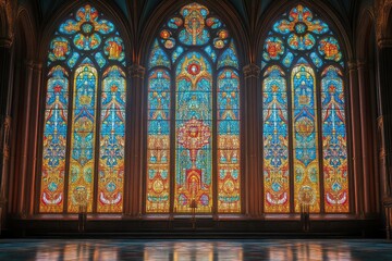 Fototapeta premium Vibrant Stained Glass Windows Illuminating a Sacred Space with Rich Colors and Intricate Patter