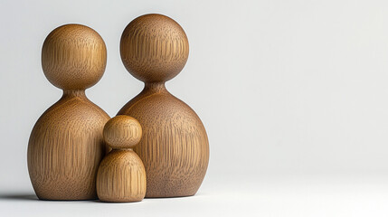 Minimal wooden sculpture of a mother embracing her children, symbolizing nurturing, family unity, and generational connection; represents demographics, population growth, and social care.

