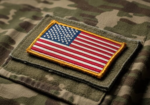 Close-up shot shows a detailed American flag patch on a camouflage military uniform.