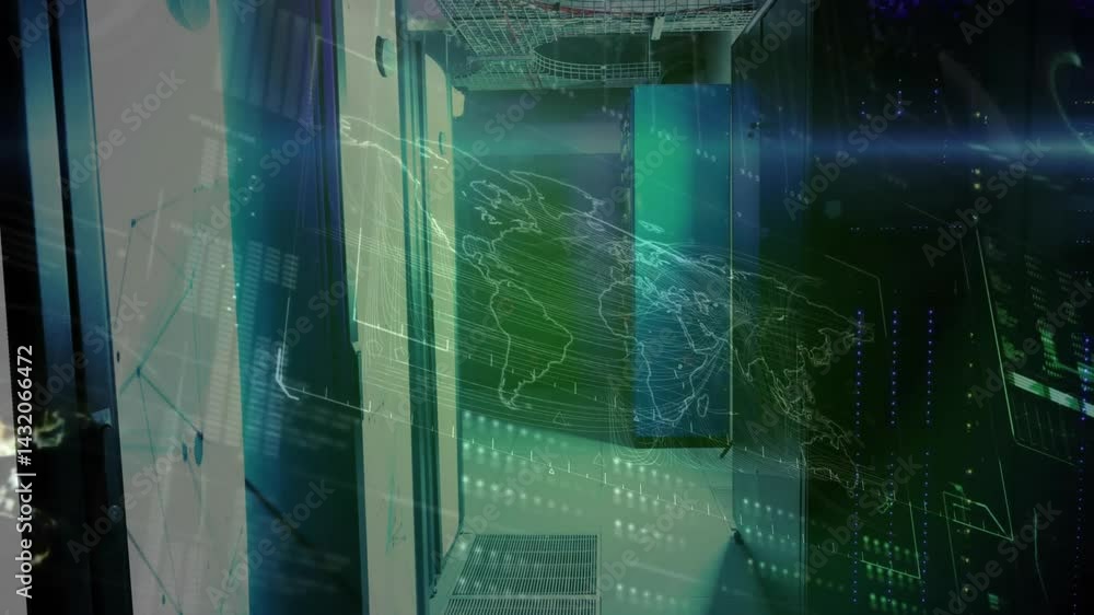 Aufkleber flat design server racks showing translucent world map while data streams flowing across cabinets