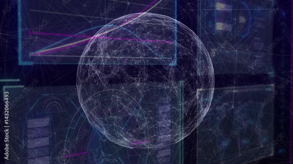 Poster 3d render wireframe globe floating before screens, network nodes weaving across line and bar charts