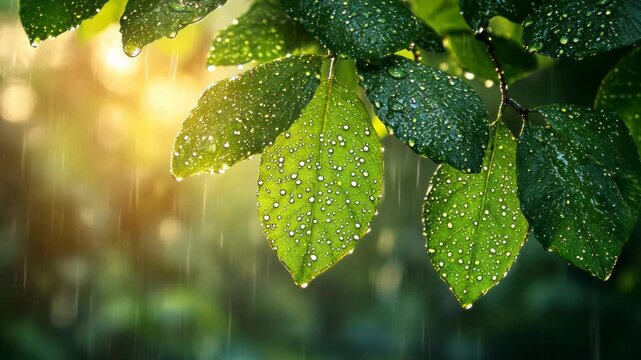 Fresh leaves glistening with rain drops. Sunlight filtering through the foliage