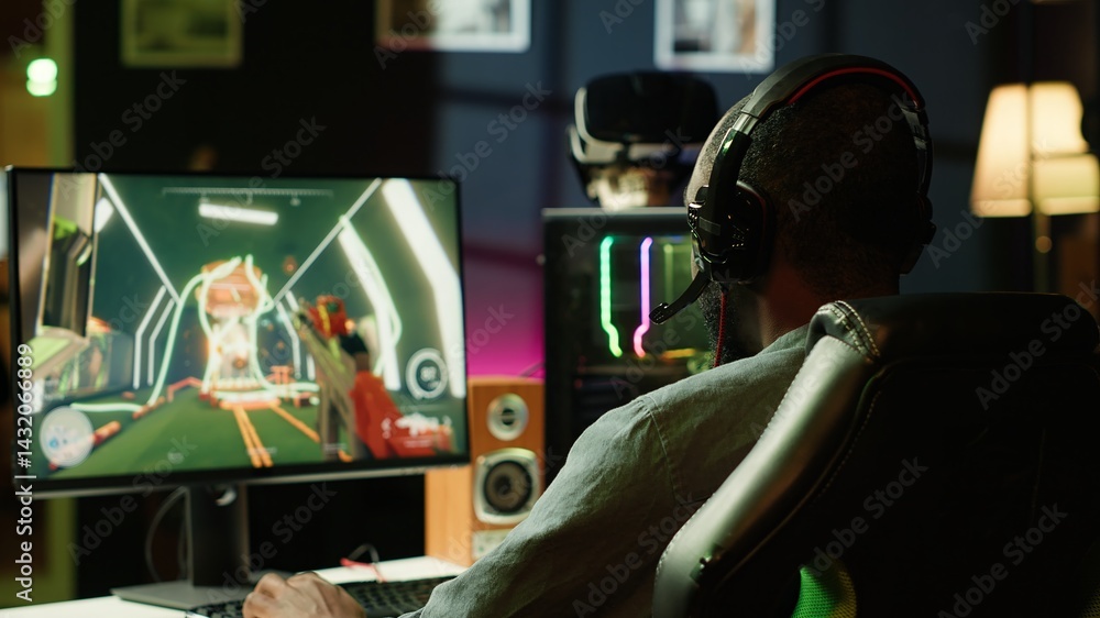 Poster man face palming in front of computer display while playing videogames on gaming pc, receiving game 
