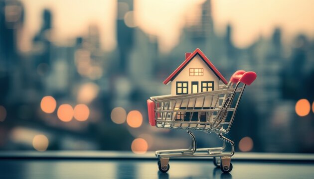 Miniature house in a shopping cart, city backdrop