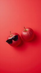 Two Cool Apples with Sunglasses – Fun Fruit Concept on Red Background