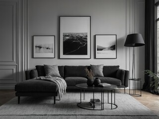 Black and white minimalist living room, single grey fabric chair, matte black small cabinet, simple wall shelf with monochrome books, large modern framed photo art on white wall, moody yet clean desig