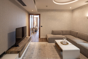 Modern hotel room with cozy sofa