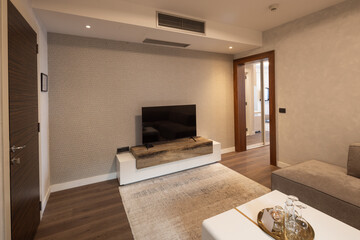 Modern hotel room with cozy sofa