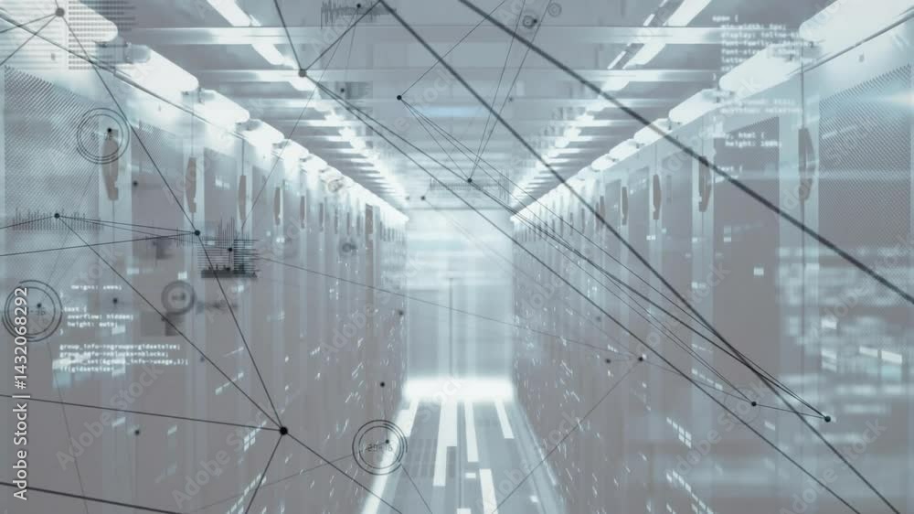 Poster central data center corridor glowing with leds, streaming network nodes and code in 3d render