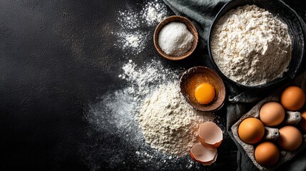 High resulation image of flour, bread, eggs on dark background, homemade baking concept.