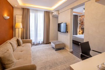 Modern hotel room with cozy sofa