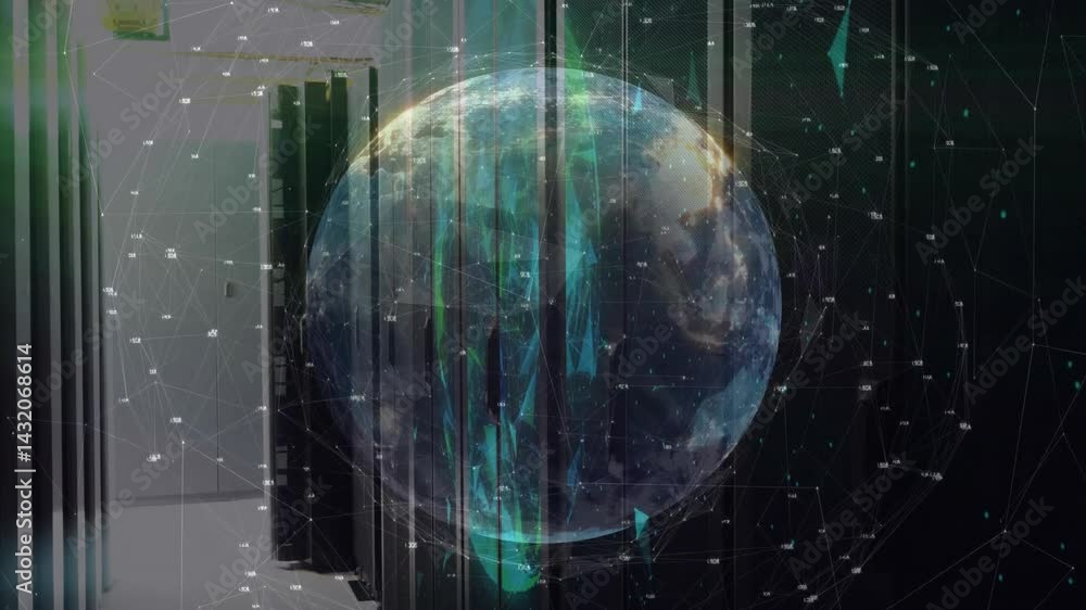 Aufkleber digital earth hologram spinning through server aisle, showing mesh racks and network line overlays
