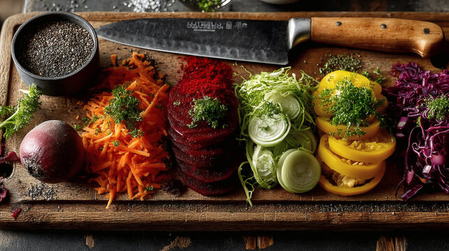 Freshly Chopped Vegetables Arranged on Wooden Cutting Board - Powered by Adobe