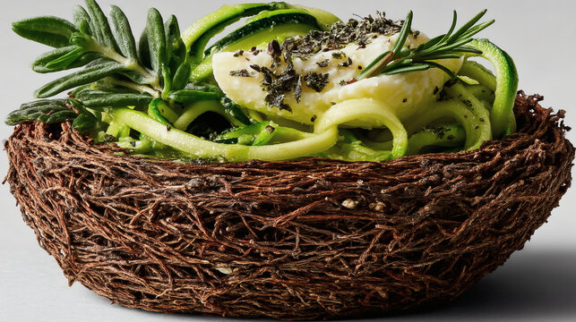 Fresh Zucchini Noodles with Herbs and Cheese in Natural Bowl