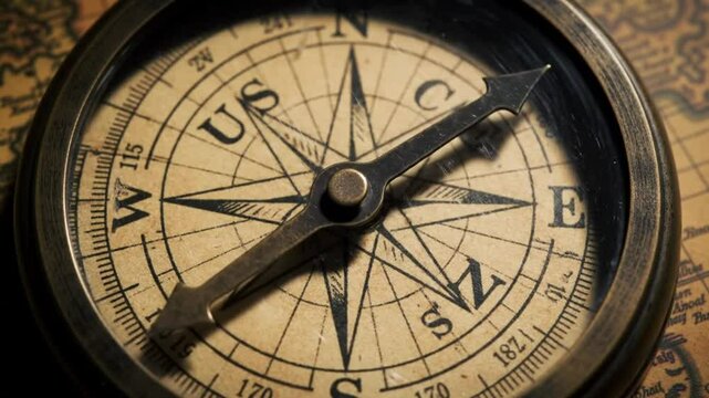 Antique Compass on Vintage World Map: Navigation, Exploration, and Discovery