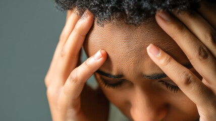 Obraz premium Person experiencing headache, gripping forehead with hands. Stress and health. Depression and feeling overwhelmed. Personal care.