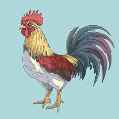 Colorful rooster illustration with vibrant plumage.