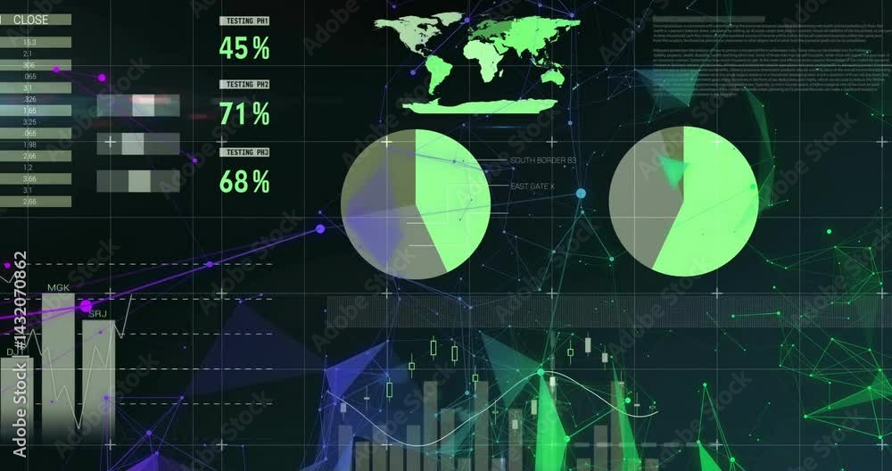 Poster animated dashboard showing green map and percent indicators, connecting pie charts by network lines